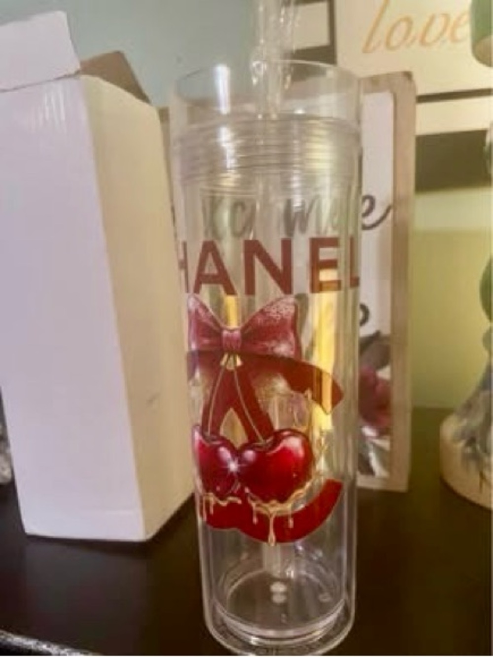 Fashion Chanel Clear Glass Vase with Red Cherry and Gold Accent in Box - Picture 3 of 5